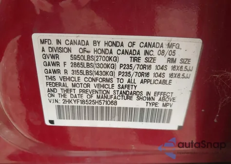 2005 Honda Pilot Ex-L z USA, uszkodzony, nr VIN 2HKYF18525H571068